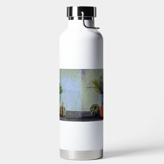 Herfst stilleven met pompoenen, bloemen waterfles (Links)