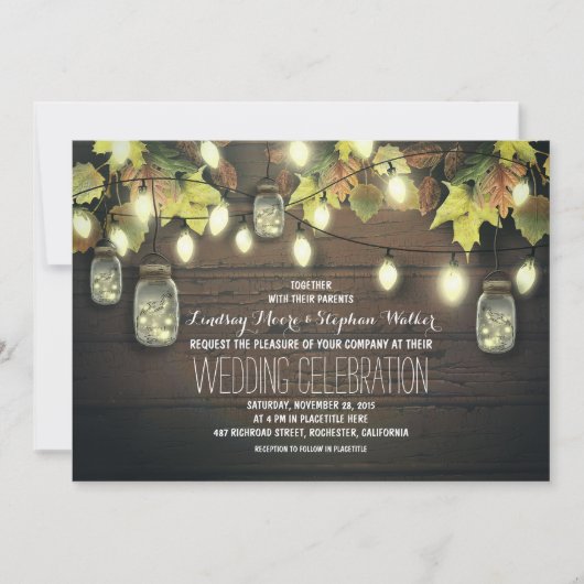 Herfst String Lights en Mason Jars Rustieke bruilo Kaart (Voorkant)