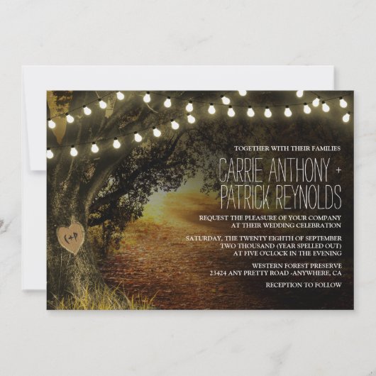 Herfst String Lights Oak Tree Wedding Invitations Kaart (Voorkant)