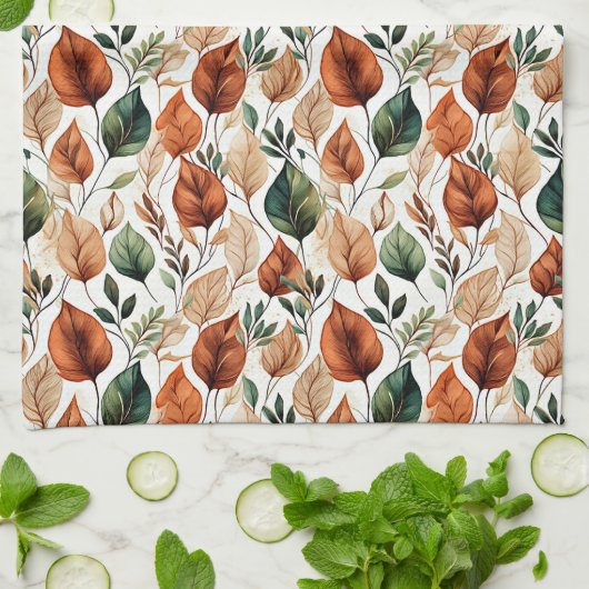 Herfst terra cotta en salie bladeren patroon theedoek (Gevouwen)