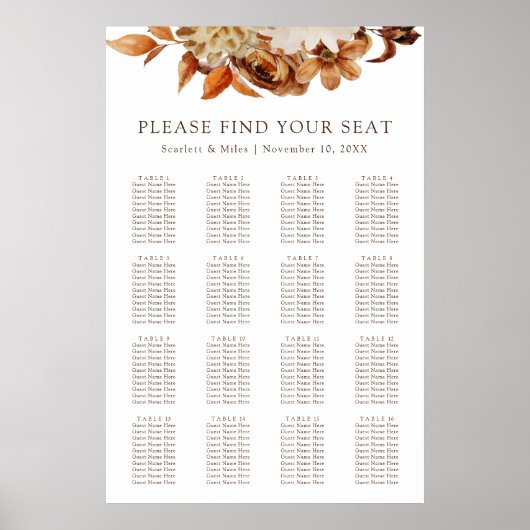 Herfst Terracotta Floral Wedding Seating Chart Poster (Voorkant)