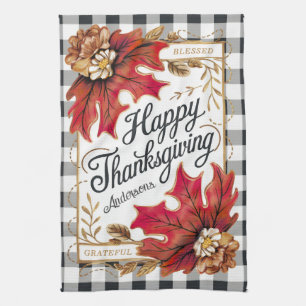 Herfst Thanksgiving esdoorn verlaat Gingham Custom Theedoek