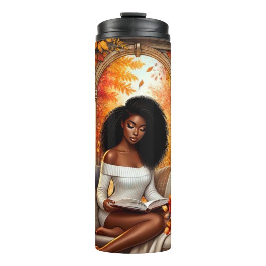HERFST THEMA AFRO-AMERIKAANSE VROUW LEZEN THERMOSBEKER (Voorkant)