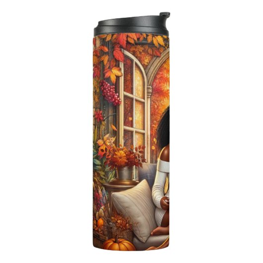 HERFST THEMA AFRO-AMERIKAANSE VROUW LEZEN THERMOSBEKER (Gedraaid links)