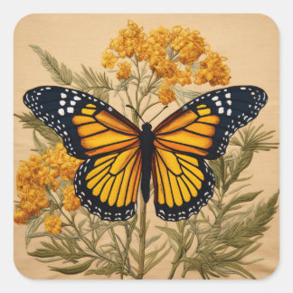 Herfst thema Monarchvlinder op Goldenrod Flowers Vierkante Sticker