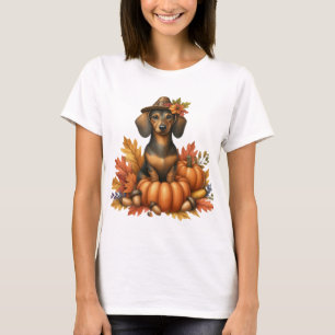 HERFST THEMA TECKEL HOND MET POMPOENEN T-SHIRT