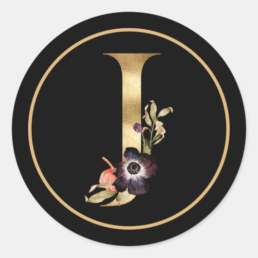 HERFST THEME GOLD MONOGRAM J MET FLORALE REGELING RONDE STICKER (Voorkant)