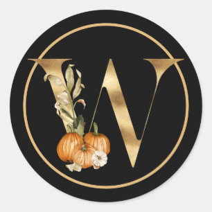 HERFST THEME MONOGRAM W MET ORANJE PUMPKIN RONDE STICKER