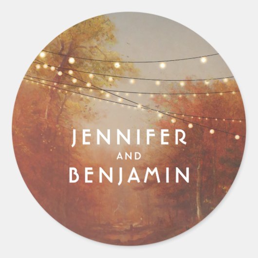 Herfst Trees Park en String Lights Rustiek Ronde Sticker (Voorkant)