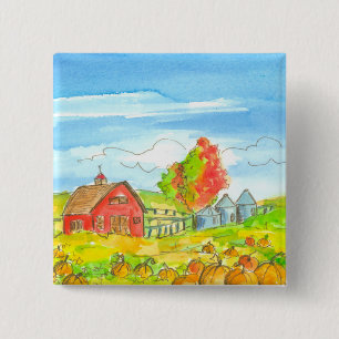Herfst Trees Pompoen Patch Red Barn Vierkante Button 5,1 Cm