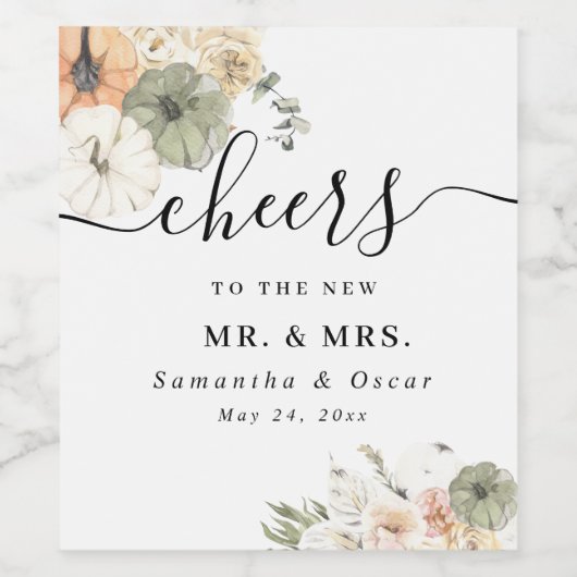 Herfst Trouwetiketten | Aquarel Pompoen Wijn Etiket (Enkel label)