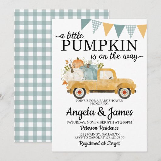 Herfst Truck Baby shower Invitation Pumpkin Patch Kaart (Voorkant / Achterkant)