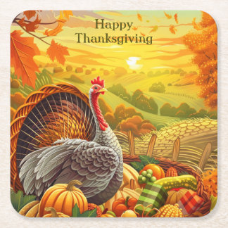 Herfst Turkije Pompoenen Thanksgiving Papier Onder Vierkante Kartonnen Onderzetter