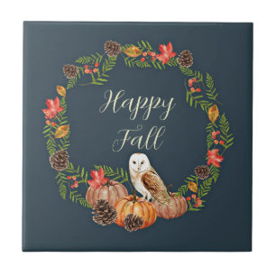 Herfst uil en pompoenen met aanpasbare tekst  tegeltje