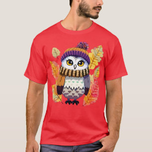 Herfst Uil in een gebreide Beanie pet Pixel Art T-shirt