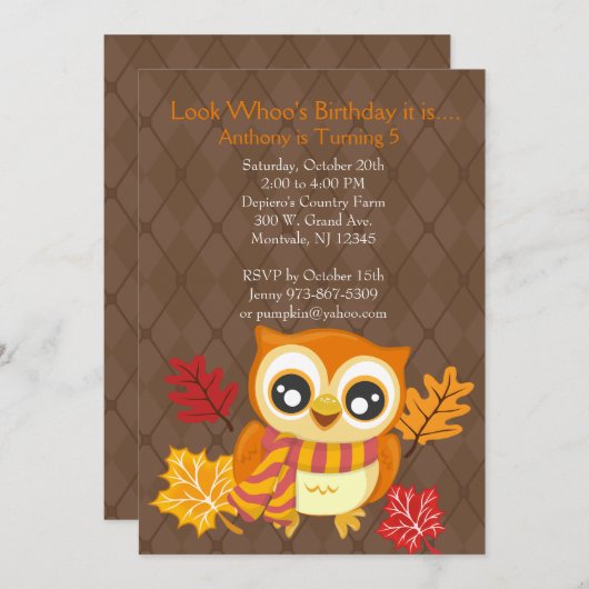 Herfst Uil verjaardagsfeestje uitnodiging (Voorkant / Achterkant)