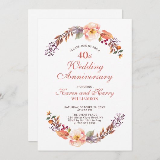 Herfst/Val Bloem 40ste Huwelijksjubileum Uitnodigi Kaart (Voorkant / Achterkant)