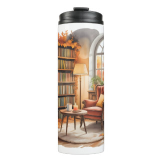Herfst venster leesfles — Knusse stoel & boeken Thermosbeker