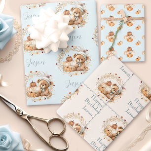 Herfst Verjaardagsjongen Schattige Beer Pompoenen Inpakpapier Vel