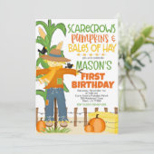 Herfst vogelverschrikker pompoen jongen Verjaardag Kaart (Staand voorkant)