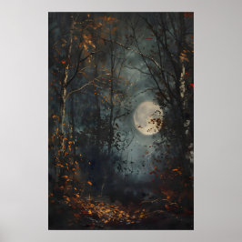 Herfst Volle Maan Donker Bos Kunstprint, Donker Co Poster
