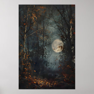 Herfst Volle Maan Donker Bos Kunstprint, Donker Co Poster