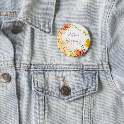 Herfst voorbeeldbladeren met aangepaste tekst ronde button 5,7 cm (In situ)
