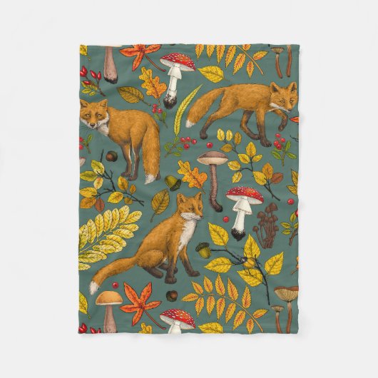 Herfst vossen op pijnboomgroen fleece deken (Voorkant)