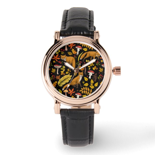 Herfst vossen op zwart horloge (Voorkant)