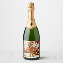 Herfst Vriendschapsfeest voor kattenliefhebbers Sparkling Wijnetiket