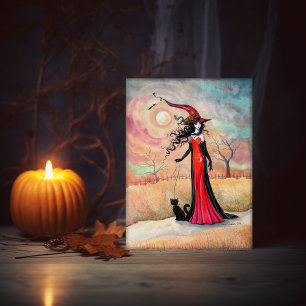 Herfst Wandeling Heks Kat Halloween Kunst Kaart