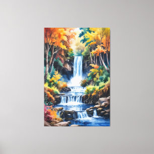 Herfst Waterval Sereniteit - Aquarel Landschap Canvas Afdruk