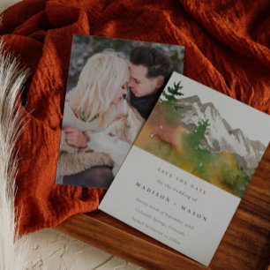 Herfst Waterverf Bergen Pijnbomen Foto Save The Date