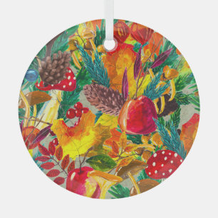 Herfst Waterverf bladeren paddenstoelen patroon Glas Ornament