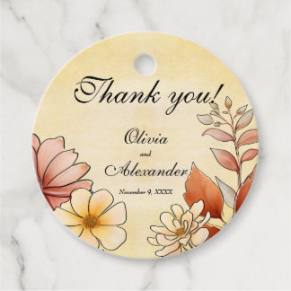 Herfst Waterverf Bloemen Terracotta Gele bruiloft Bedankjes Labels