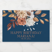 Herfst Waterverf Floral Navy Blue Birthday Party Sparkling Wijnetiket (Enkel label)