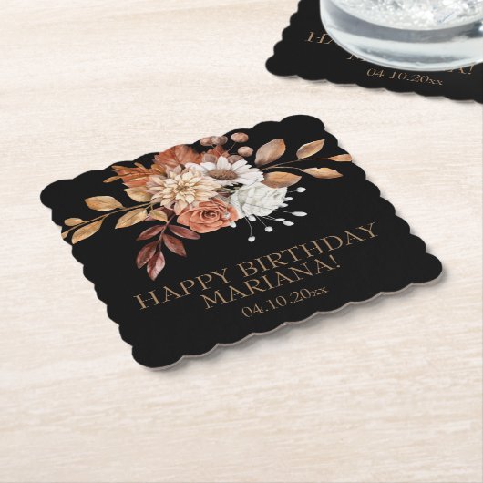Herfst Waterverf Floral op Black Birthday Party Pa Kartonnen Onderzetters (Gebogen)