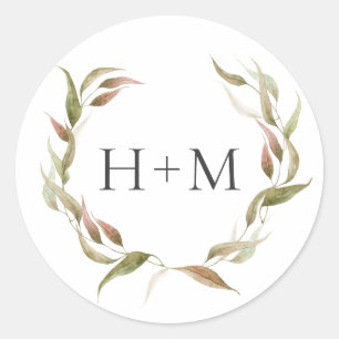 Herfst Waterverf Laurel Wreath Monogram Wedding Ronde Sticker