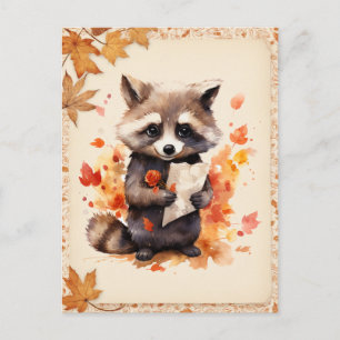 Herfst Waterverf Raccoon met een letter - Briefkaart