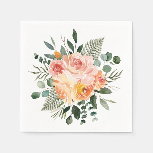 Herfst Waterverf Rustiek Roze Perzik Bloemboeket Servet (Voorkant)