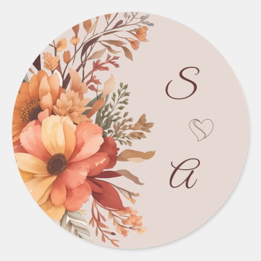 Herfst Waterverf rustieke bloemen monogram bruilof Ronde Sticker (Voorkant)