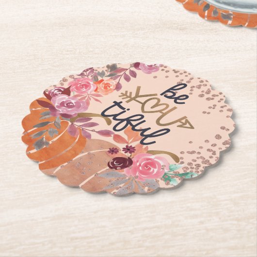 Herfst "Wees Mooi" Roze Gouden Bloemige Pompoenen Kartonnen Onderzetters (Gekanteld)