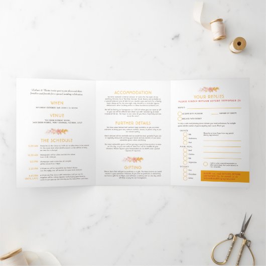 Herfst wijnstokken oranje waterverf bruiloft all-i drieluik uitnodiging (Binnen)