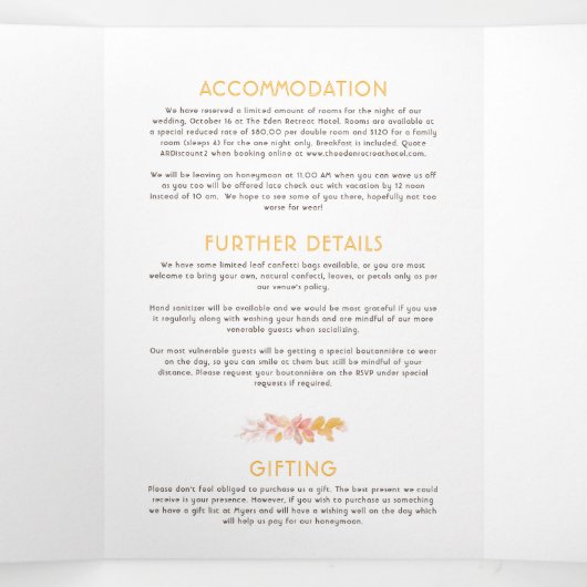 Herfst wijnstokken oranje waterverf bruiloft all-i drieluik uitnodiging (Binnenkant midden)