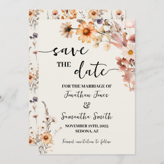 Herfst Wildbloemen Save the Date Bruiloft (Voorkant / Achterkant)