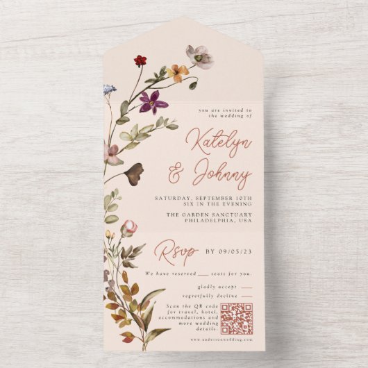 Herfst Wildflower Boho Terracotta Bruiloft All In One Uitnodiging (Binnen)