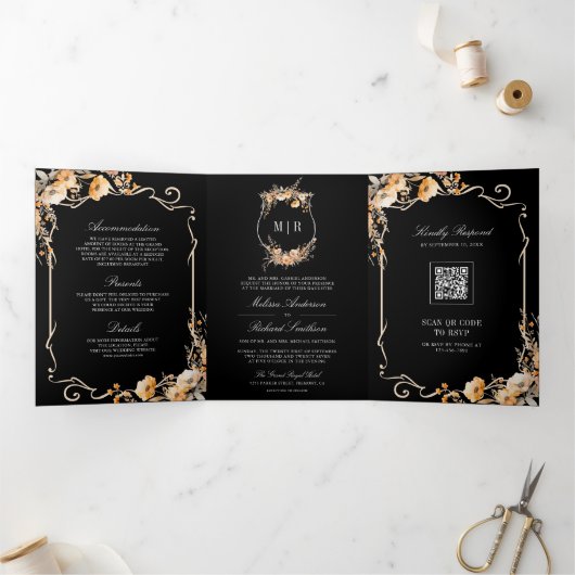 Herfst Wildflower Crest Black QR Code Wedding Drieluik Uitnodiging (Binnen)