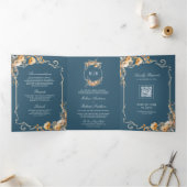 Herfst Wildflower Crest Dusty Blue QR Code Wedding Drieluik Uitnodiging (Binnen)