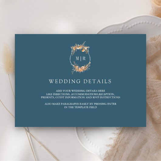 Herfst Wildflower Crest Dusty Blue Wedding Details Informatiekaartje