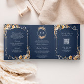 Herfst Wildflower Crest Navy Blue QR Code Wedding Drieluik Uitnodiging